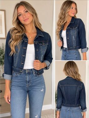 Lei Women’s Small Dark Wash Distressed Denim Jacket, Classic Jean Jacket